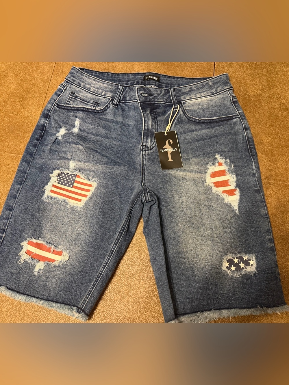 Women’s Distressed Denim Bermuda Shorts - Blue with Flag Patch Accents